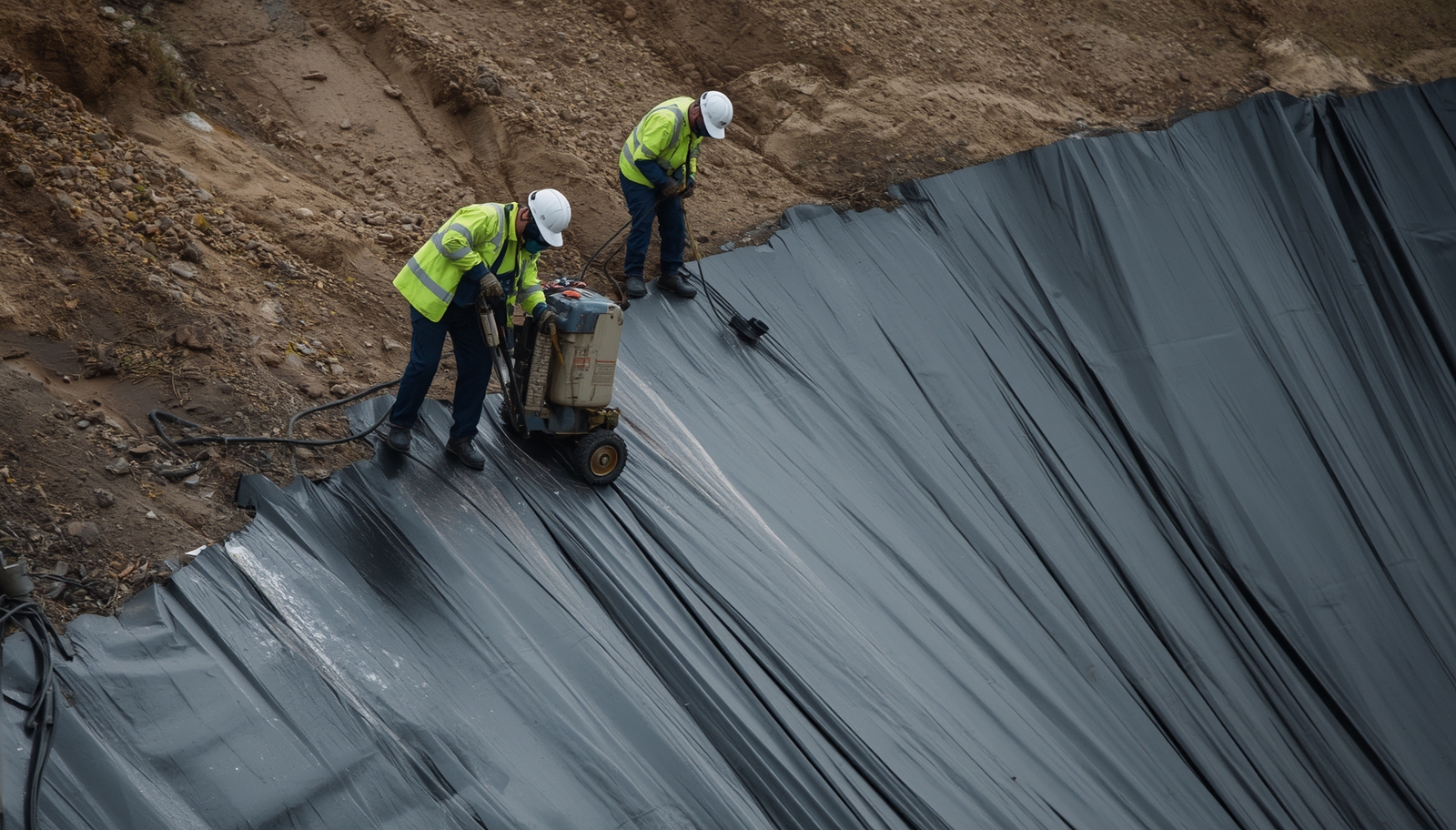 نصب ژئوممبران قزوین - جوشکاری حرارتی ورق ژئوممبران HDPE توسط تیم اجرایی ژئوساز